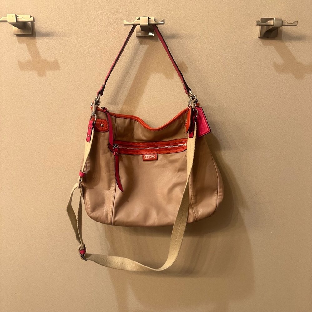 Coach Tan Pink Orange Leather Crossbody Messenger Bag Purse